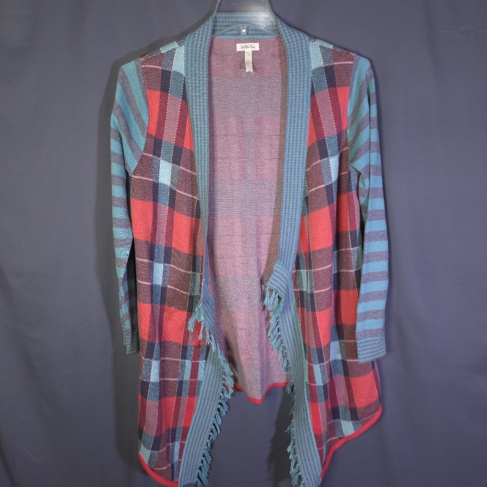 Matilda‎ Jane Steadfast Sweater Cardigan Size Small Open Front Plaid Fringe